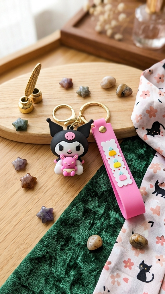 Kuromi holding Baku in a diaper Keychain
